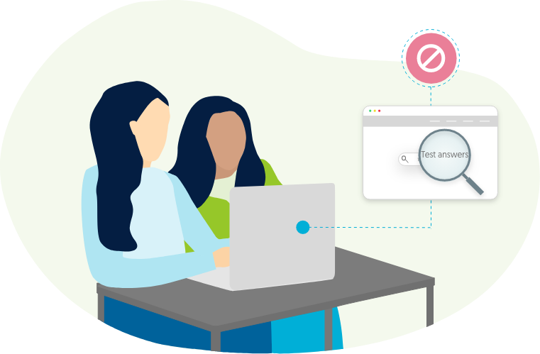 cheating prevention graphic of two students sitting at one laptop